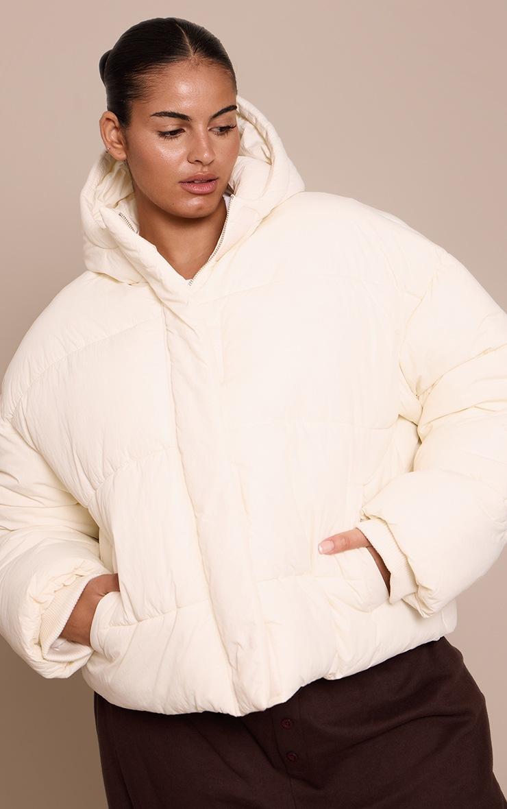 Pretty Little Thing Plus Cream Cropped Drawstring Puffer Jacket