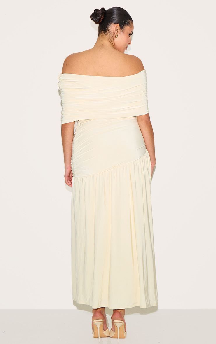 Pretty Little Thing Plus Cream Double Layer Slinky Bardot Ruched Maxi Dress