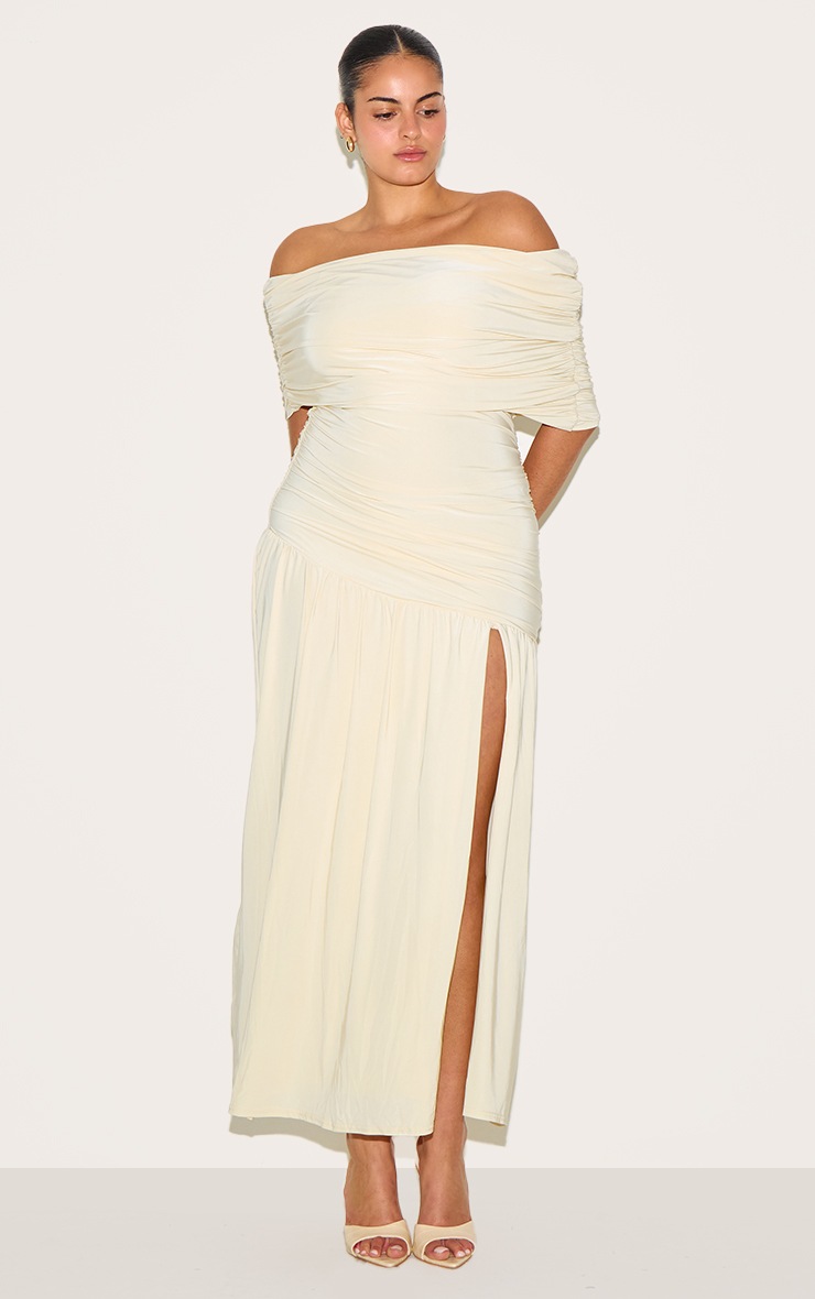Pretty Little Thing Plus Cream Double Layer Slinky Bardot Ruched Maxi Dress