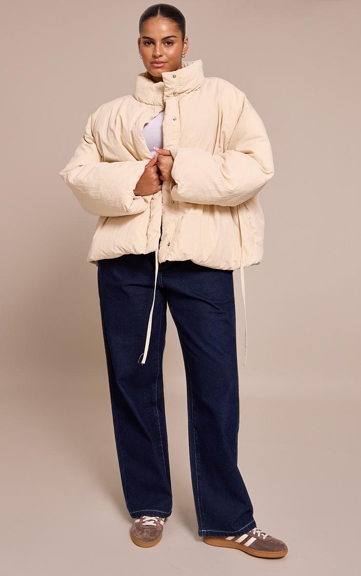 Pretty Little Thing Plus Cream High Neck Tie Waist Quilted Jacket