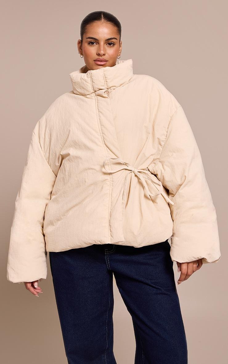 Pretty Little Thing Plus Cream High Neck Tie Waist Quilted Jacket