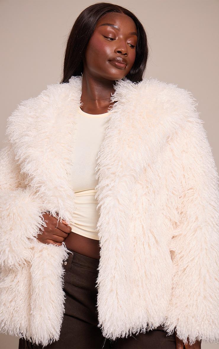 Pretty Little Thing Plus Cream Mongolian Fur Midi Coat