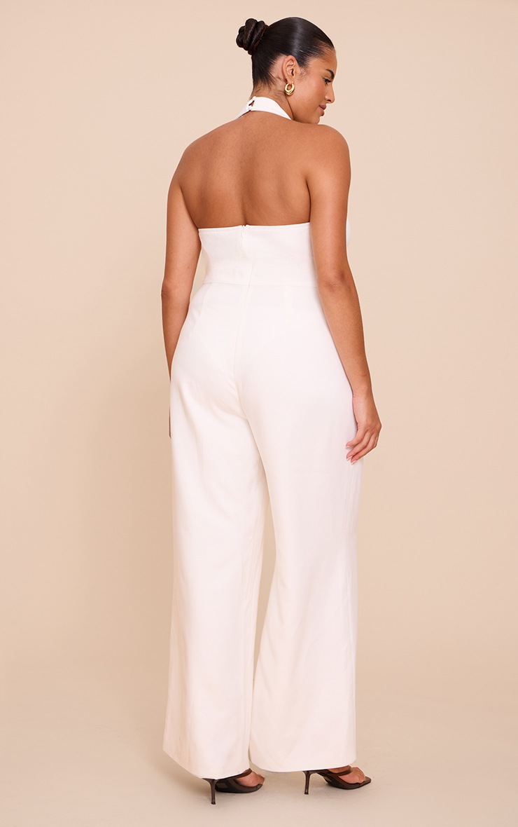 Pretty Little Thing Plus Cream Premium Woven Halterneck Straight Leg Jumpsuit
