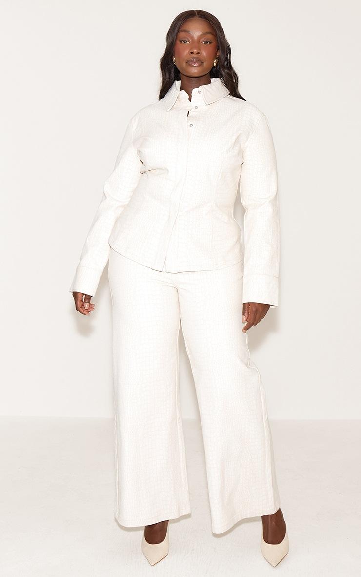 Pretty Little Thing Plus Cream Snake Print Mid Waist Straight Leg Coated Jeans