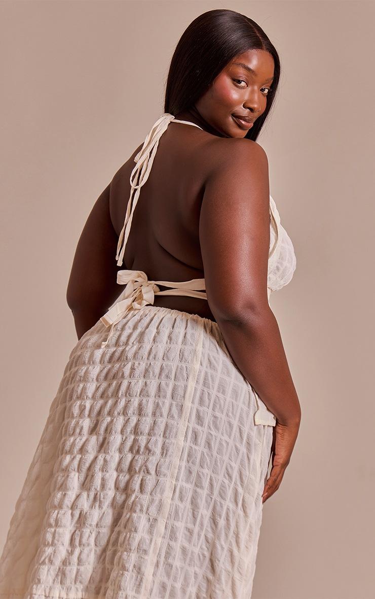 Pretty Little Thing Plus Cream Textured Shirred Long Sleeve Top