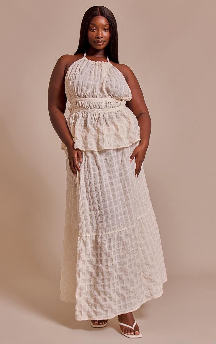 Pretty Little Thing Plus Cream Textured Shirred Long Sleeve Top