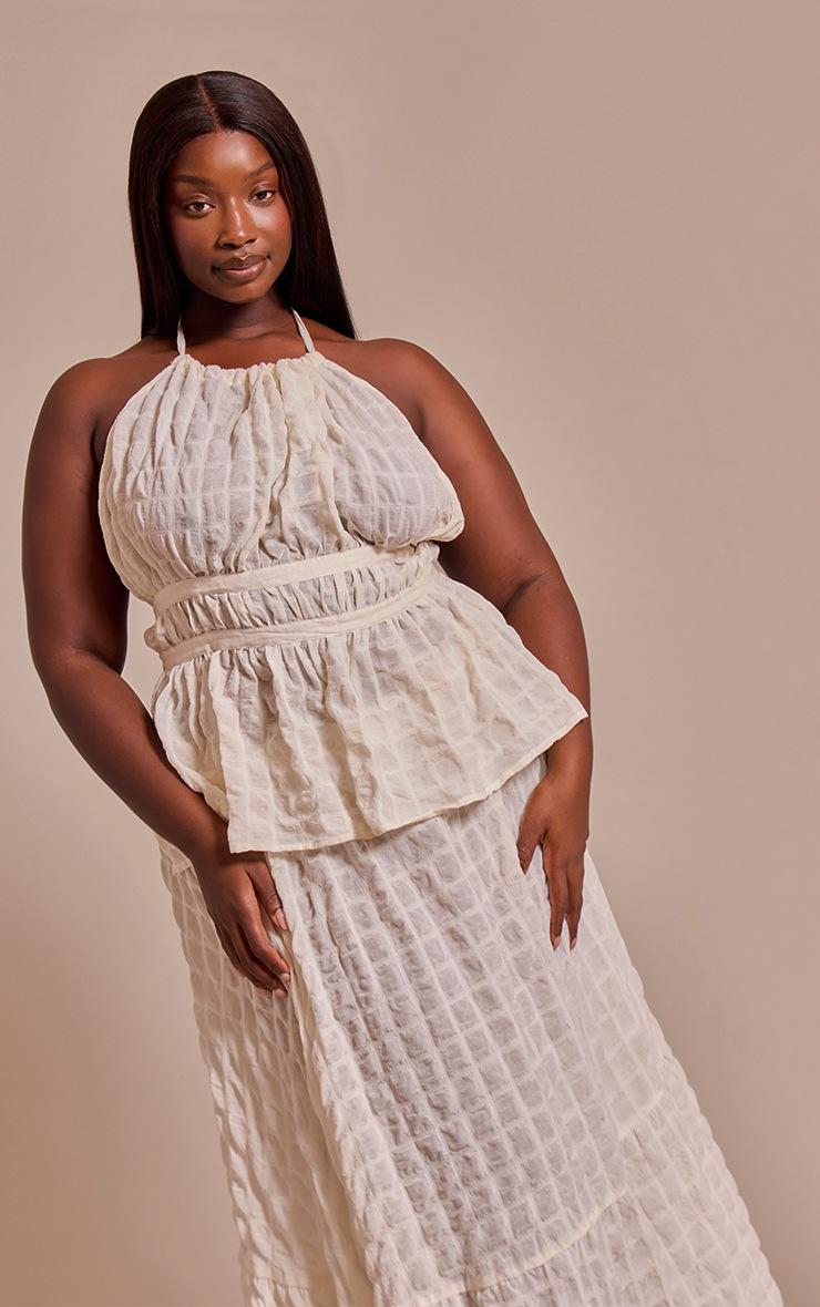 Pretty Little Thing Plus Cream Textured Shirred Long Sleeve Top