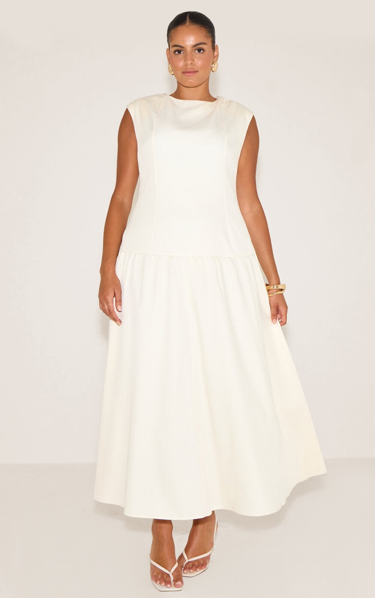 Pretty Little Thing Plus Cream Woven Boat Neck Dropped Waist Maxi Dress