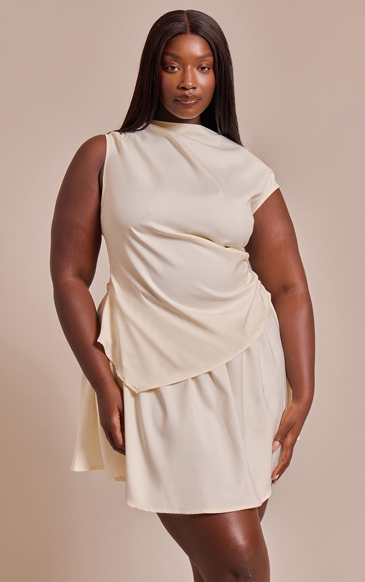 Pretty Little Thing Plus Cream Woven Boat Neck Ruched Detail Shift Dress