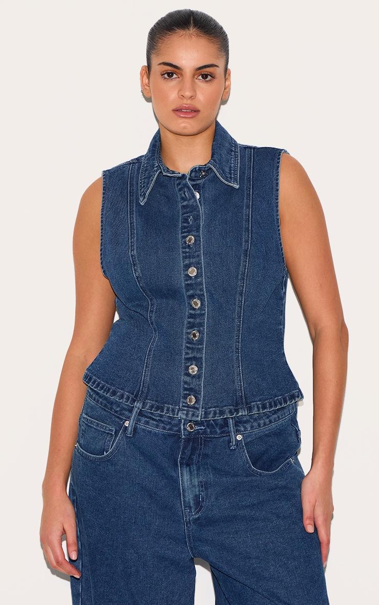 Pretty Little Thing Plus Dark Blue Denim Collar Vest