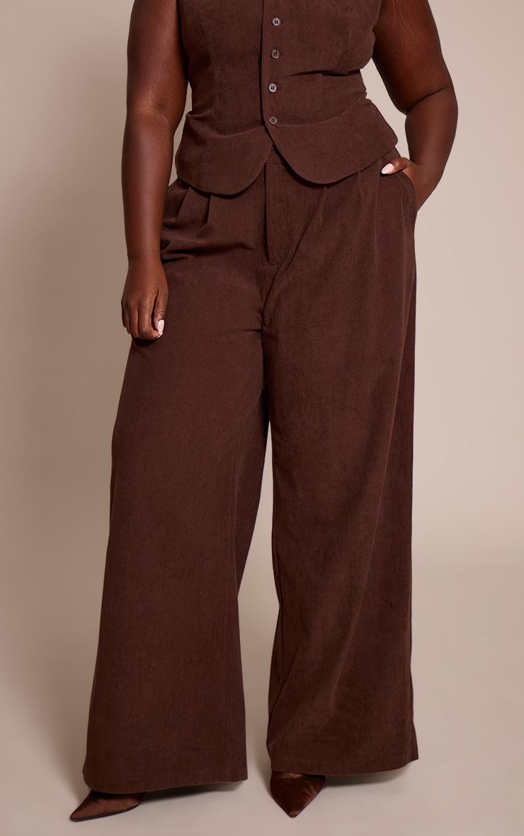 Pretty Little Thing Plus Dark Brown Cord Tailored Tie Detail Wide Leg Pants
