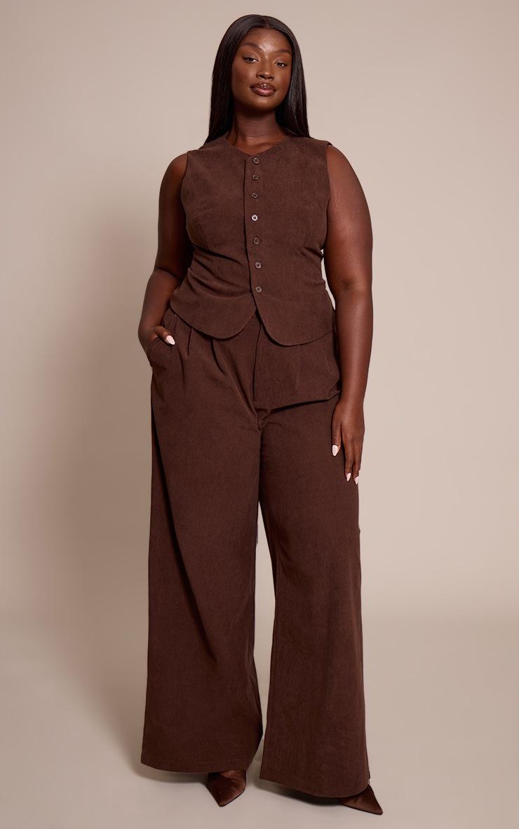 Pretty Little Thing Plus Dark Brown Cord Tailored Tie Detail Wide Leg Pants