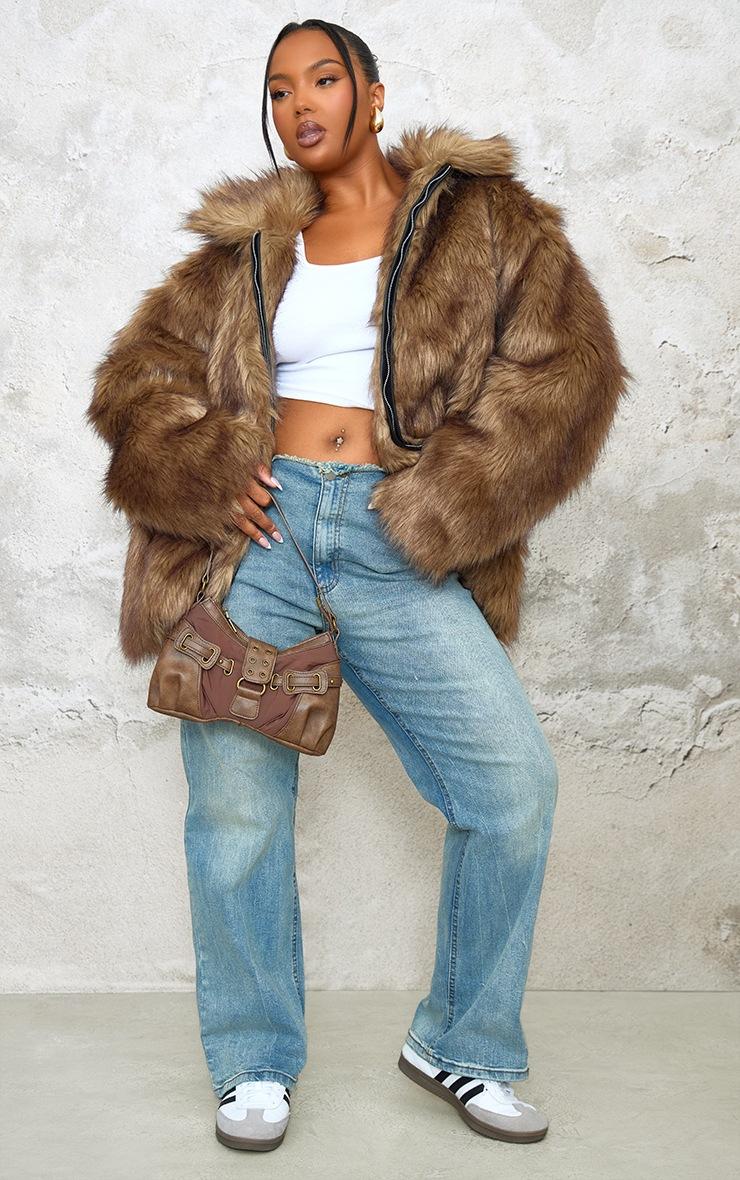 Pretty Little Thing Plus Dark Brown Faux Fur Oversized Coat