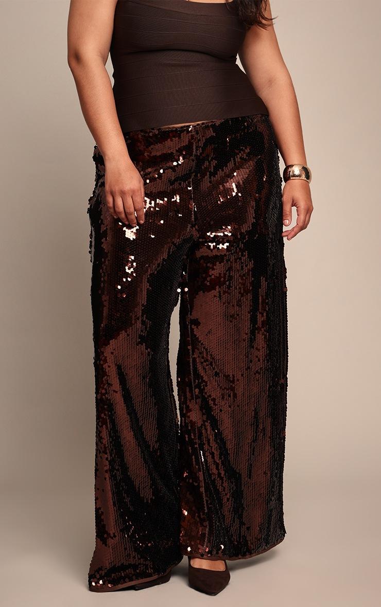Pretty Little Thing Plus Dark Chocolate Sequin Wide Leg Floaty Pants