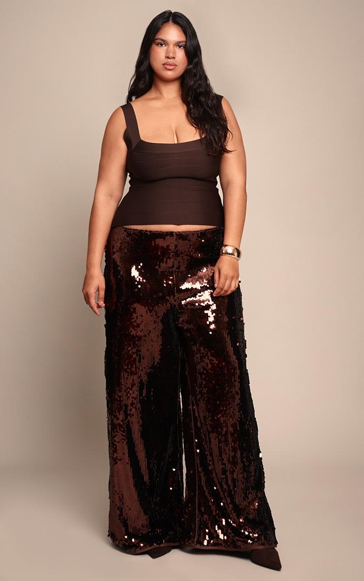 Pretty Little Thing Plus Dark Chocolate Sequin Wide Leg Floaty Pants