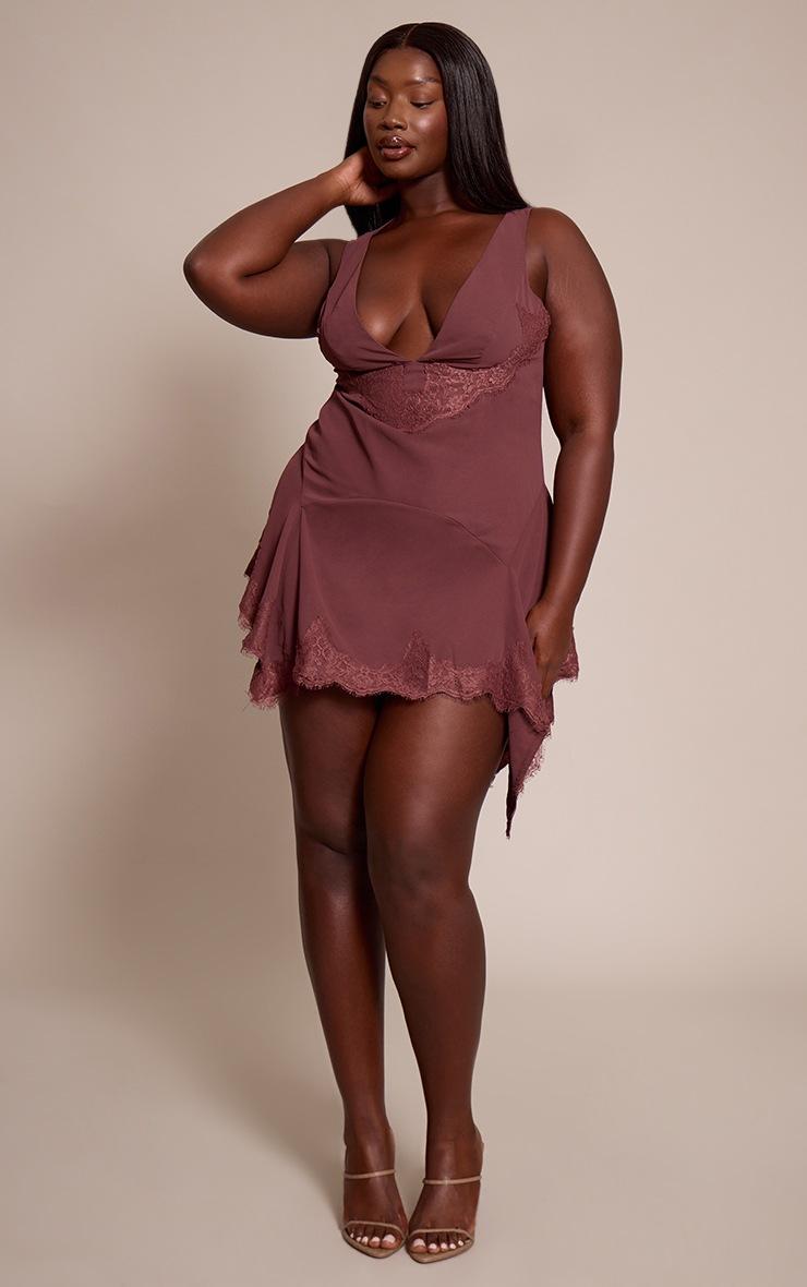 Pretty Little Thing Plus Dark Plum Lace Trim Plunge Bodycon Dress