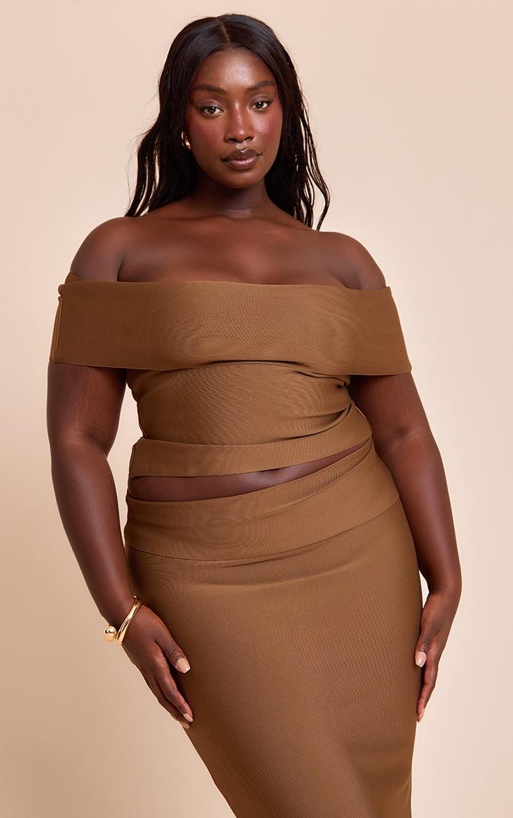 Pretty Little Thing Plus Deep Chocolate Tailored Bandage Knit Asymmetric Fold Over Top