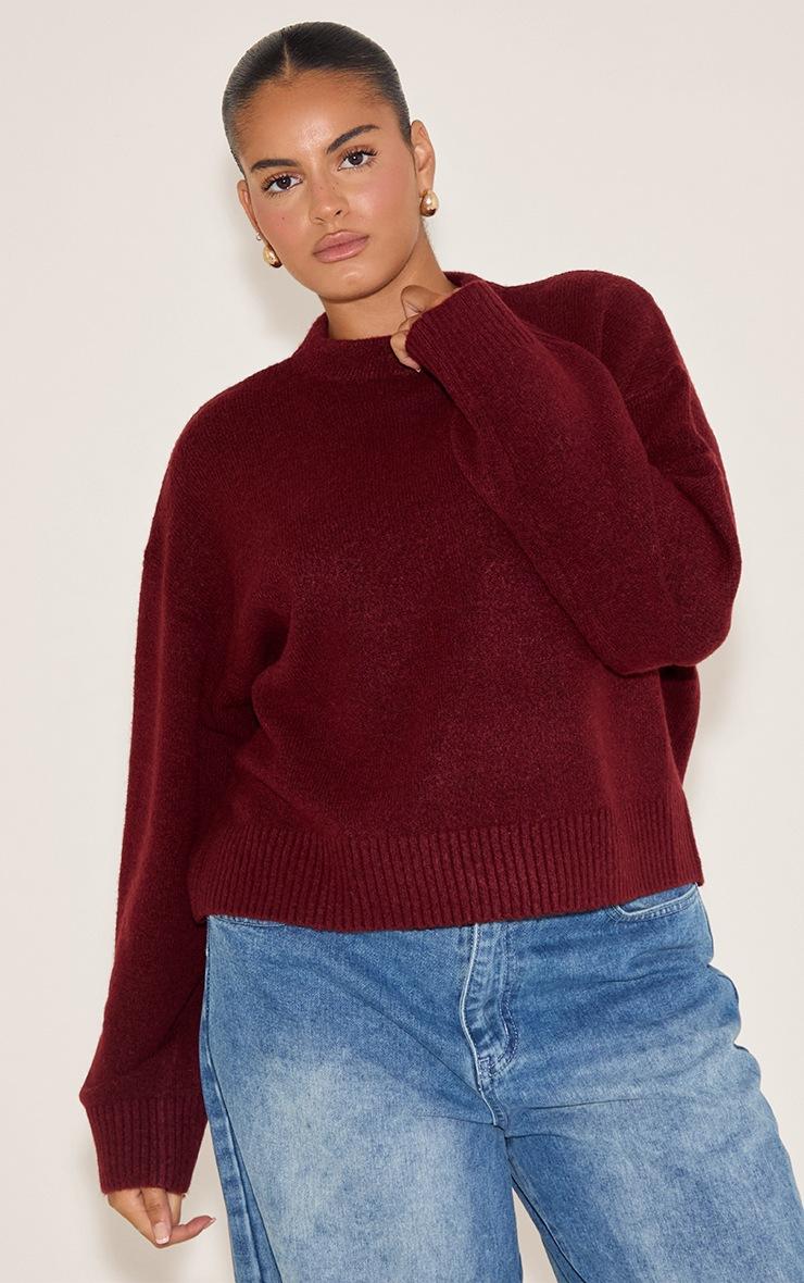 Pretty Little Thing Plus Deep Red Knit High Neck Crop Sweater