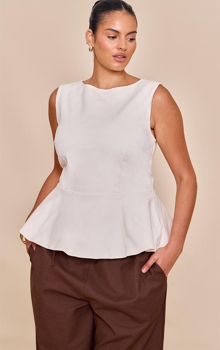 Pretty Little Thing Plus Ecru Boatneck Peplum Sleeveless Denim Top