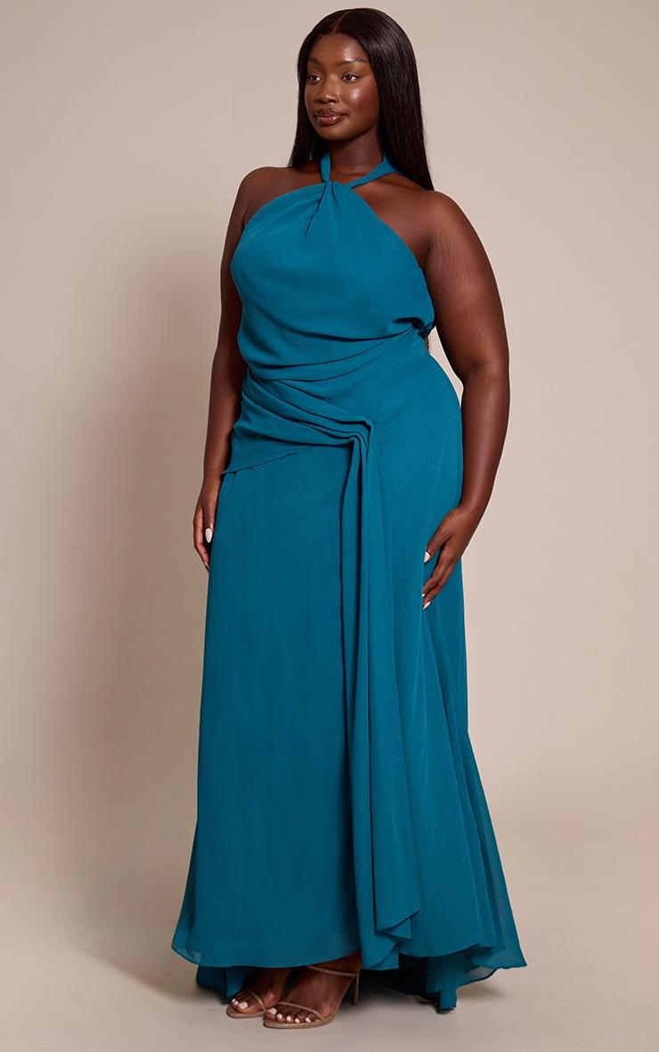 Pretty Little Thing Plus Emerald Green High Neck Chiffon Maxi Dress