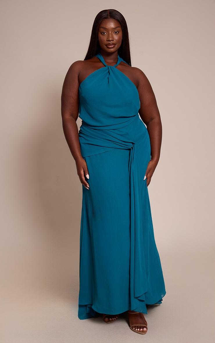 Pretty Little Thing Plus Emerald Green High Neck Chiffon Maxi Dress