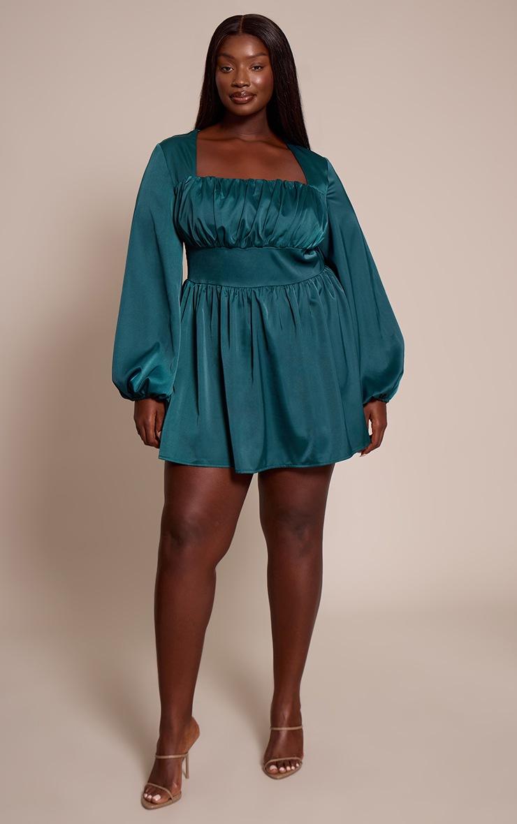 Pretty Little Thing Plus Emerald Green Satin Ruched Cup Puff Sleeve Mini Dress