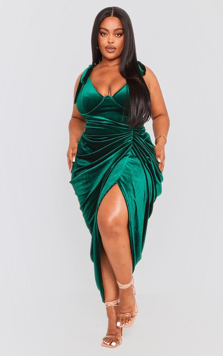 Pretty Little Thing Plus Emerald Green Velvet Underwire Detail Draped Midi Dress