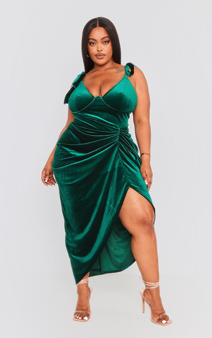 Pretty Little Thing Plus Emerald Green Velvet Underwire Detail Draped Midi Dress