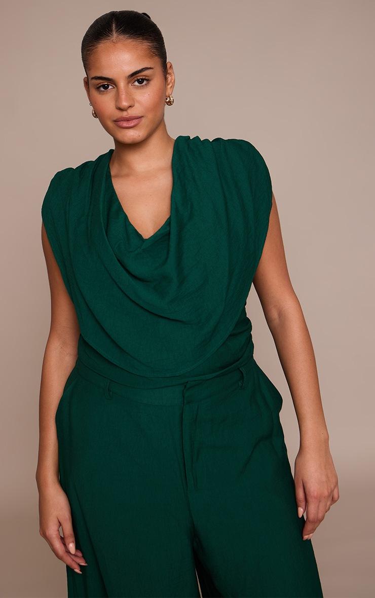 Pretty Little Thing Plus Emerald Green Woven Ruched Shoulder Cowl Neck Top