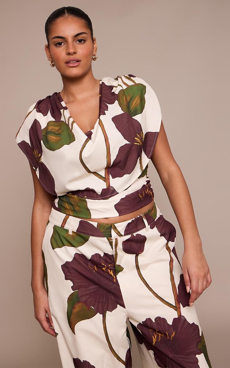 Pretty Little Thing Plus Floral Print Woven Ruched Shoulder Cowl Neck Top
