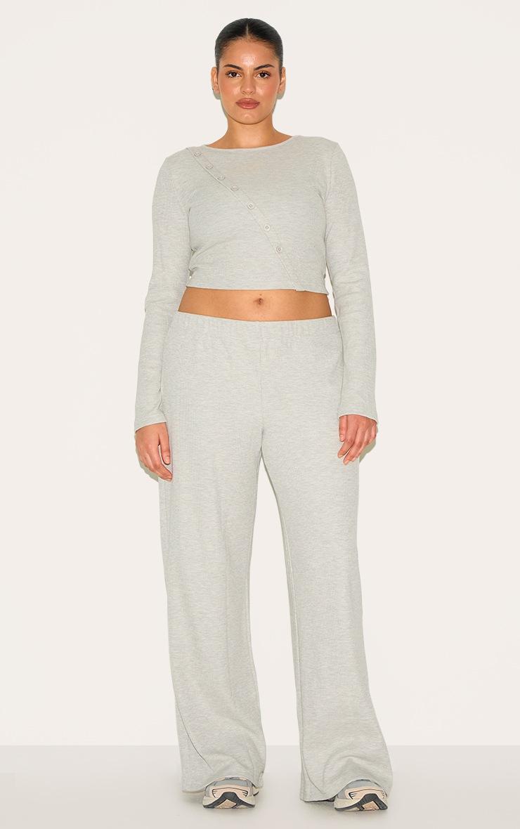 Pretty Little Thing Plus Grey Marl Asymmetrical Waffle Button Crop Top