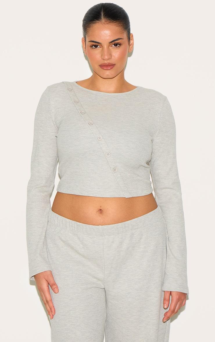 Pretty Little Thing Plus Grey Marl Asymmetrical Waffle Button Crop Top