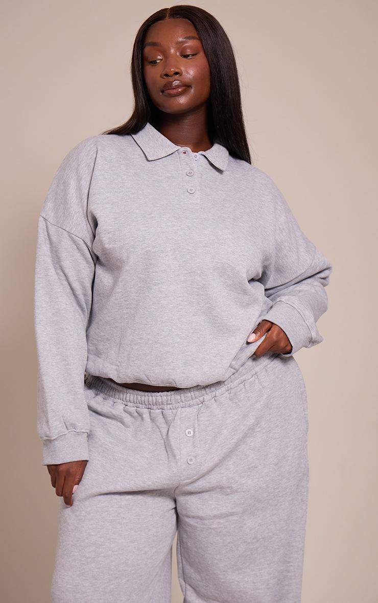 Pretty Little Thing Plus Grey Marl Button Up Long Sleeve Polo Sweatshirt