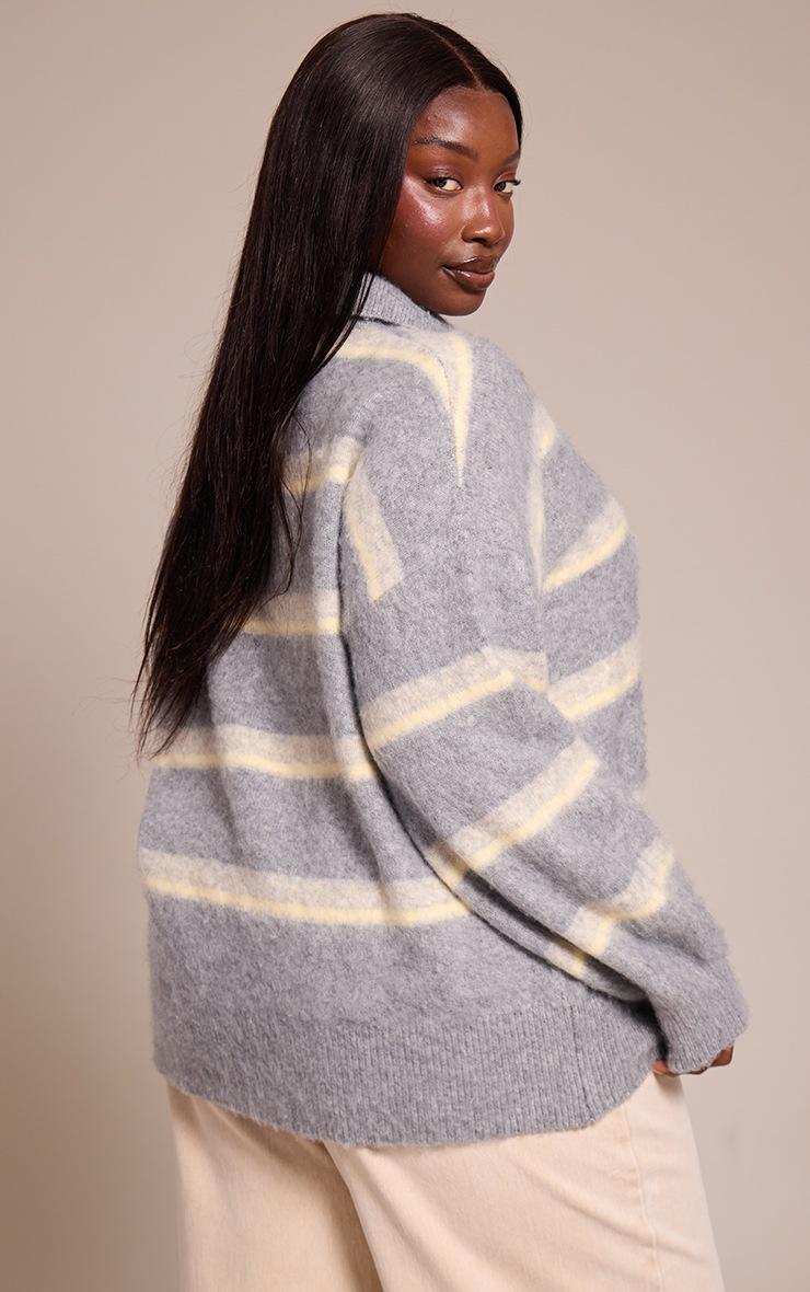 Pretty Little Thing Plus Grey Striped Brushed Knit Oversized Rugby Style Sweater