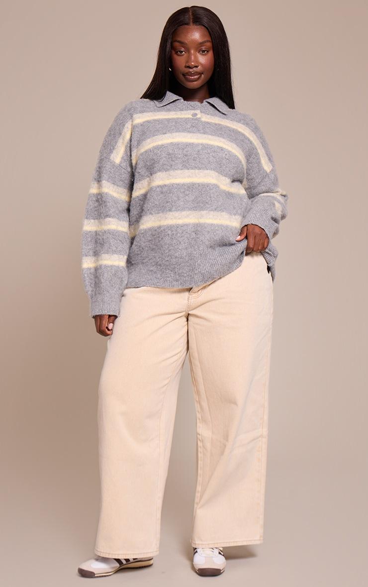 Pretty Little Thing Plus Grey Striped Brushed Knit Oversized Rugby Style Sweater
