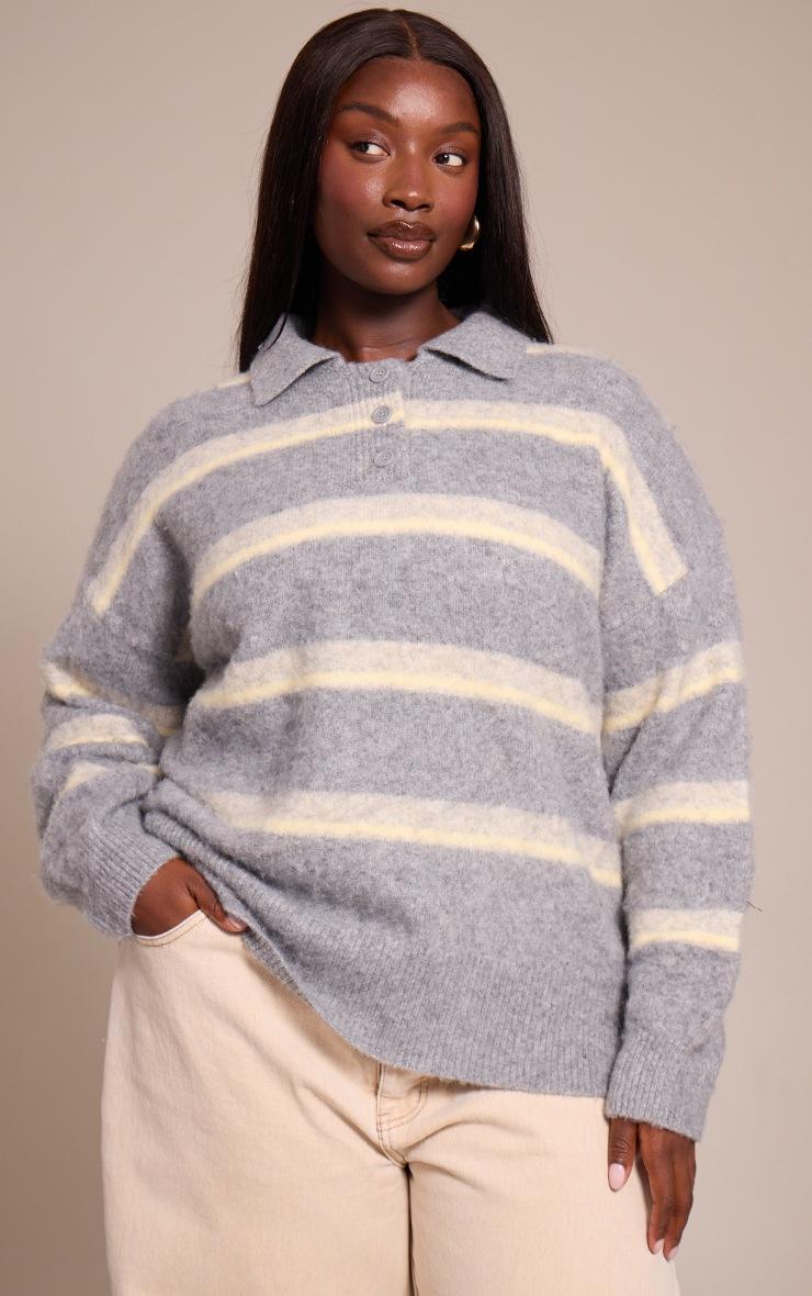 Pretty Little Thing Plus Grey Striped Brushed Knit Oversized Rugby Style Sweater
