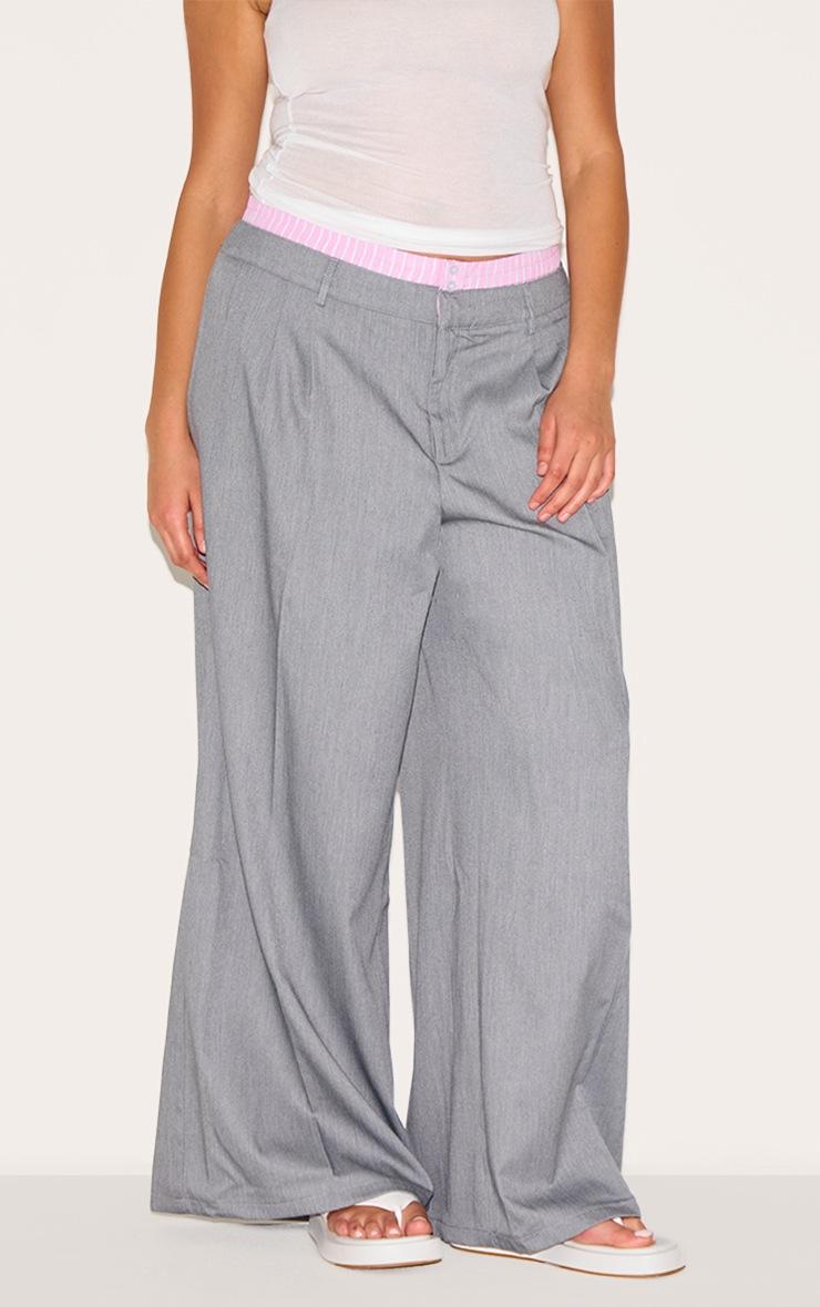 Pretty Little Thing Plus Grey Woven Contrast Stripe Boxer Detail Straight Leg Pants