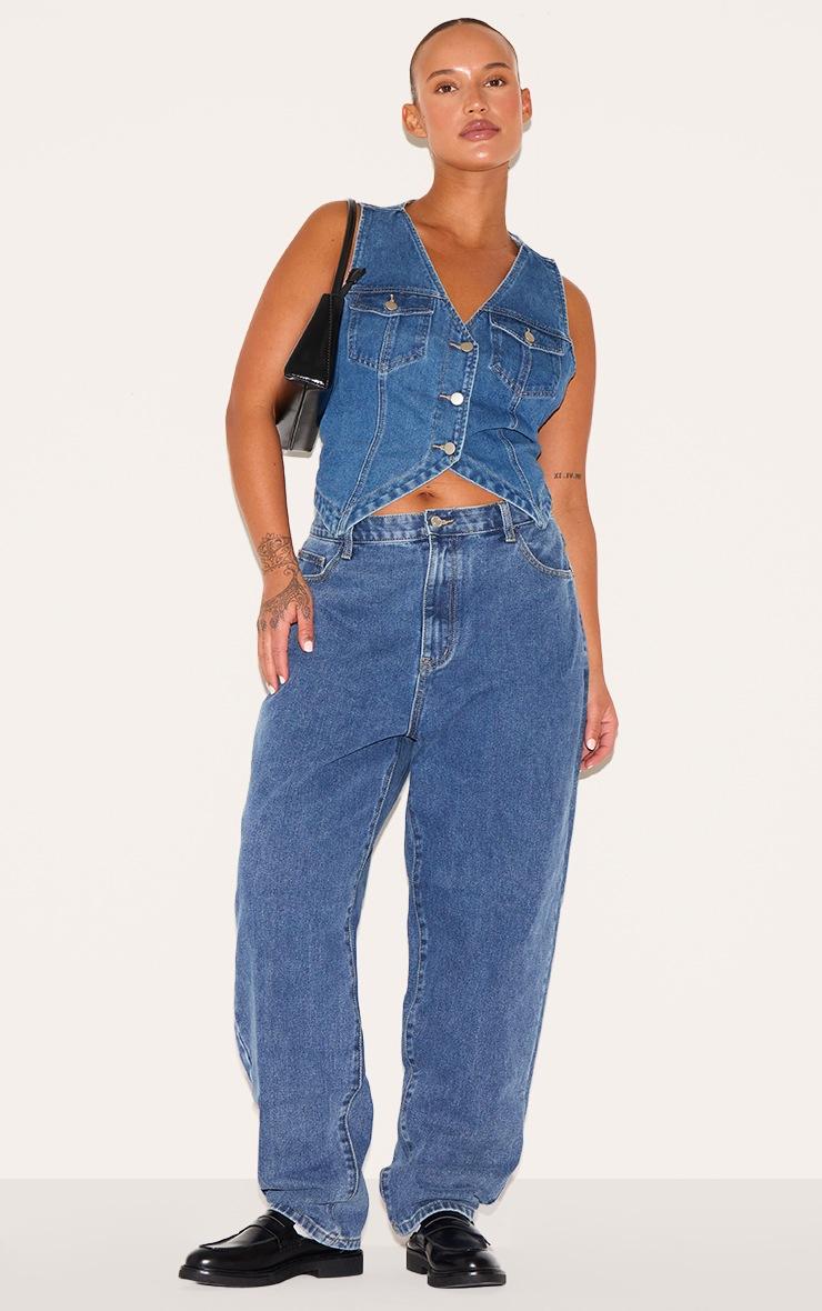 Pretty Little Thing Plus Indigo Blue Wash Halterneck Button Front Denim Vest