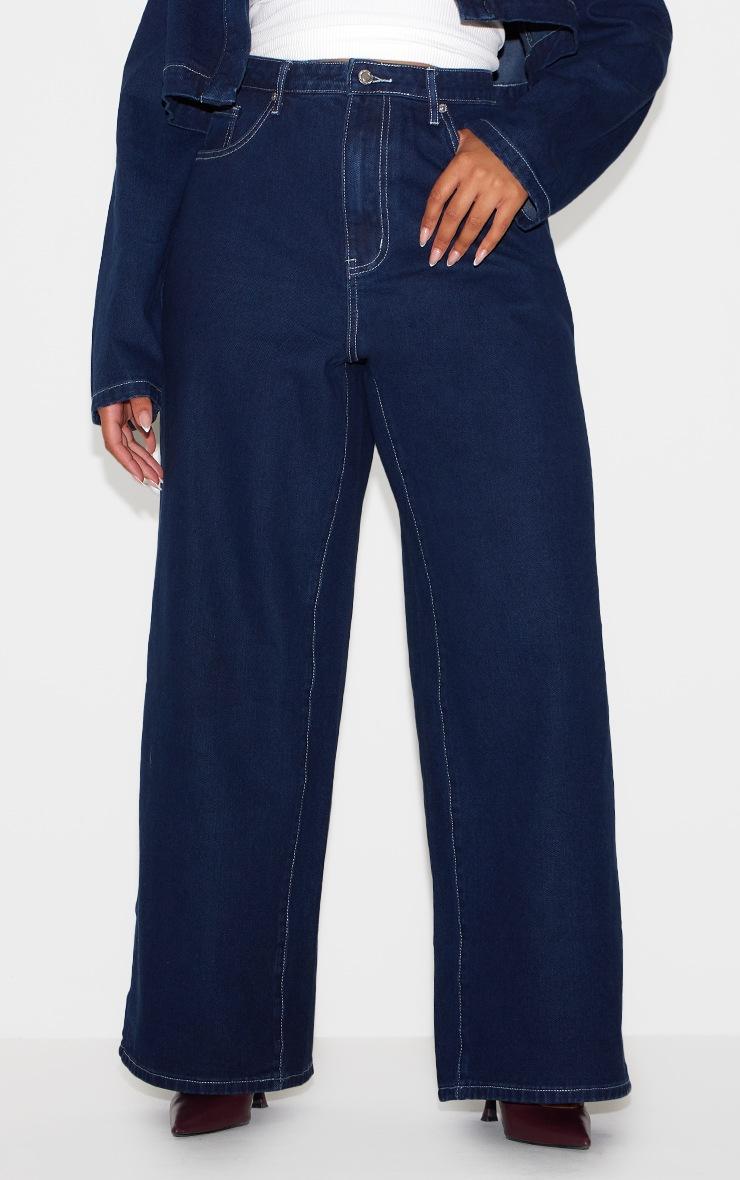 Pretty Little Thing Plus Indigo Contrast Stitch Wide Leg Jeans
