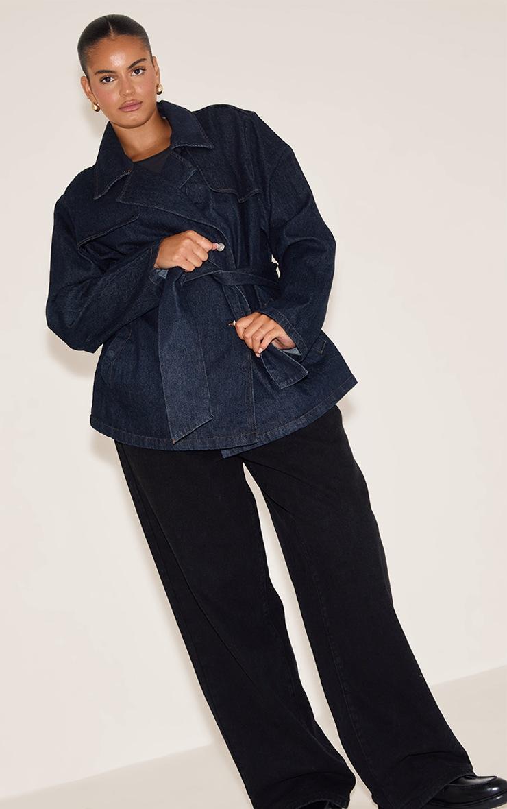 Pretty Little Thing Plus Indigo Cropped Belted Denim Trench