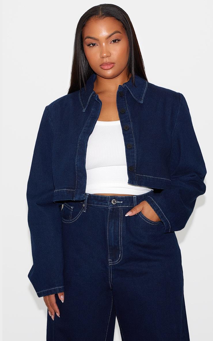 Pretty Little Thing Plus Indigo Cropped Denim Contrast Stitch Jacket