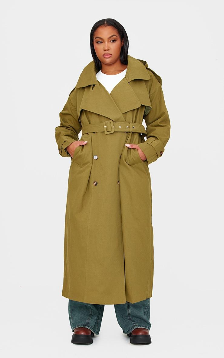 Pretty Little Thing Plus Khaki Woven Hooded Oversized Trench Coat