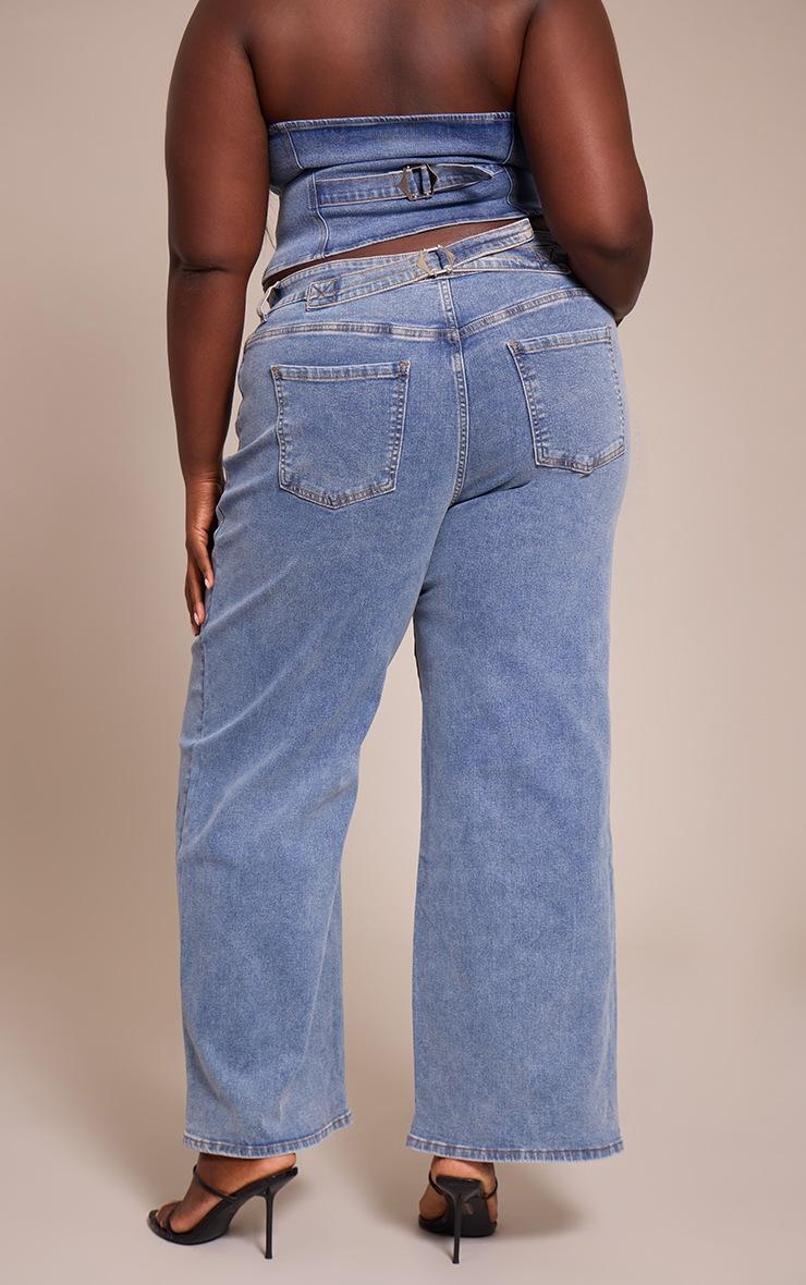 Pretty Little Thing Plus Mid Blue Wash Adjustable Waistband Detail Jean