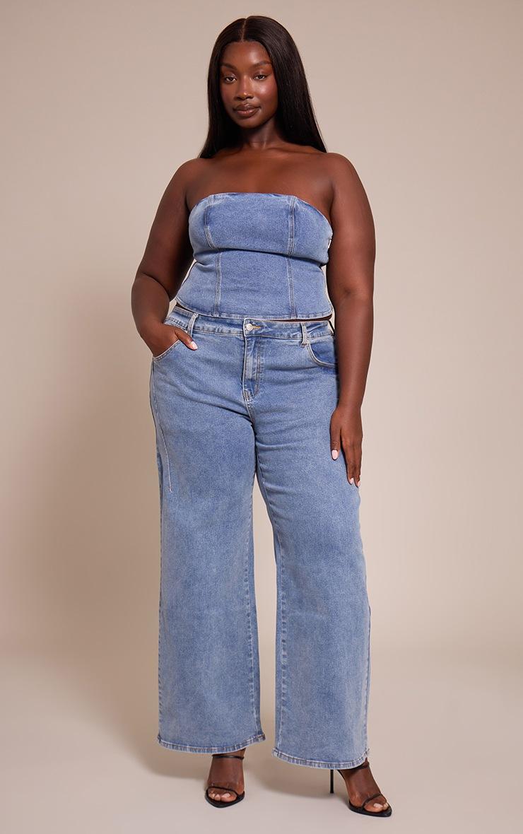 Pretty Little Thing Plus Mid Blue Wash Adjustable Waistband Detail Jean