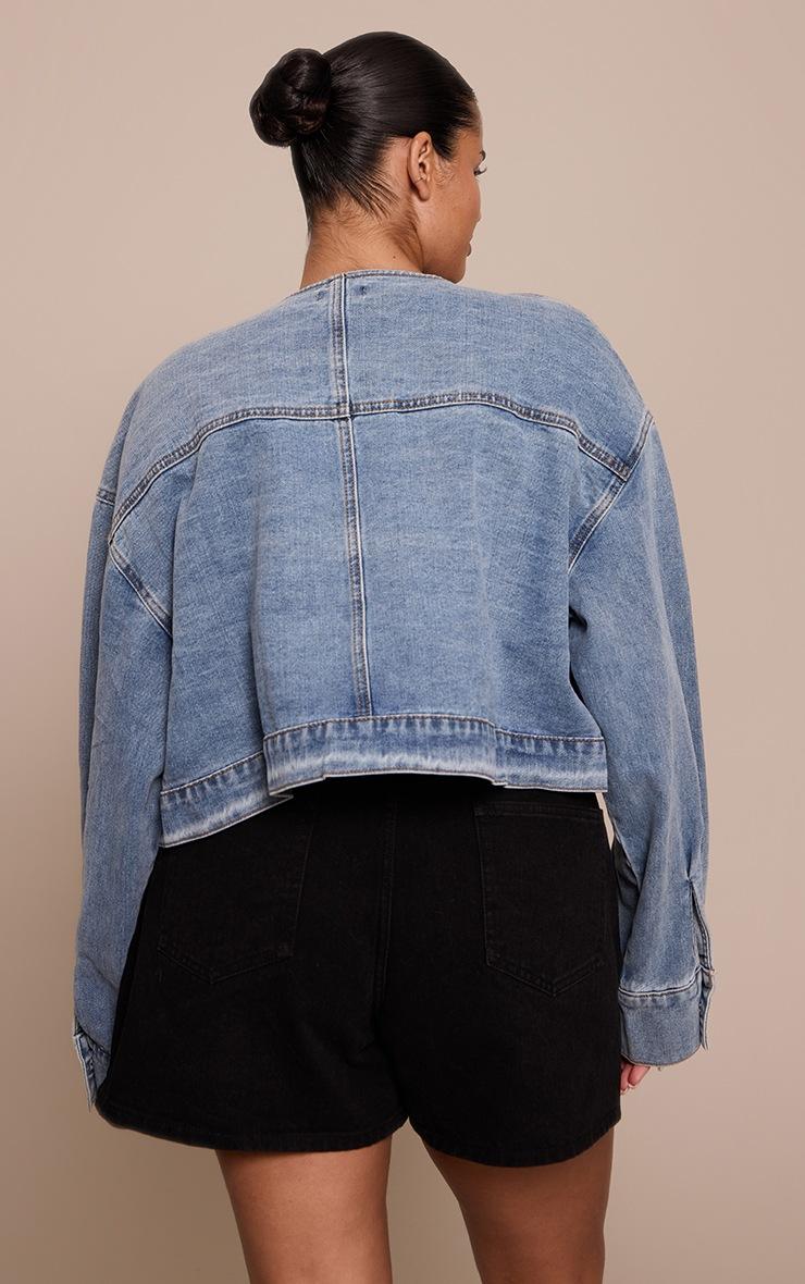 Pretty Little Thing Plus Mid Blue Wash Collarless Cropped Denim Jacket