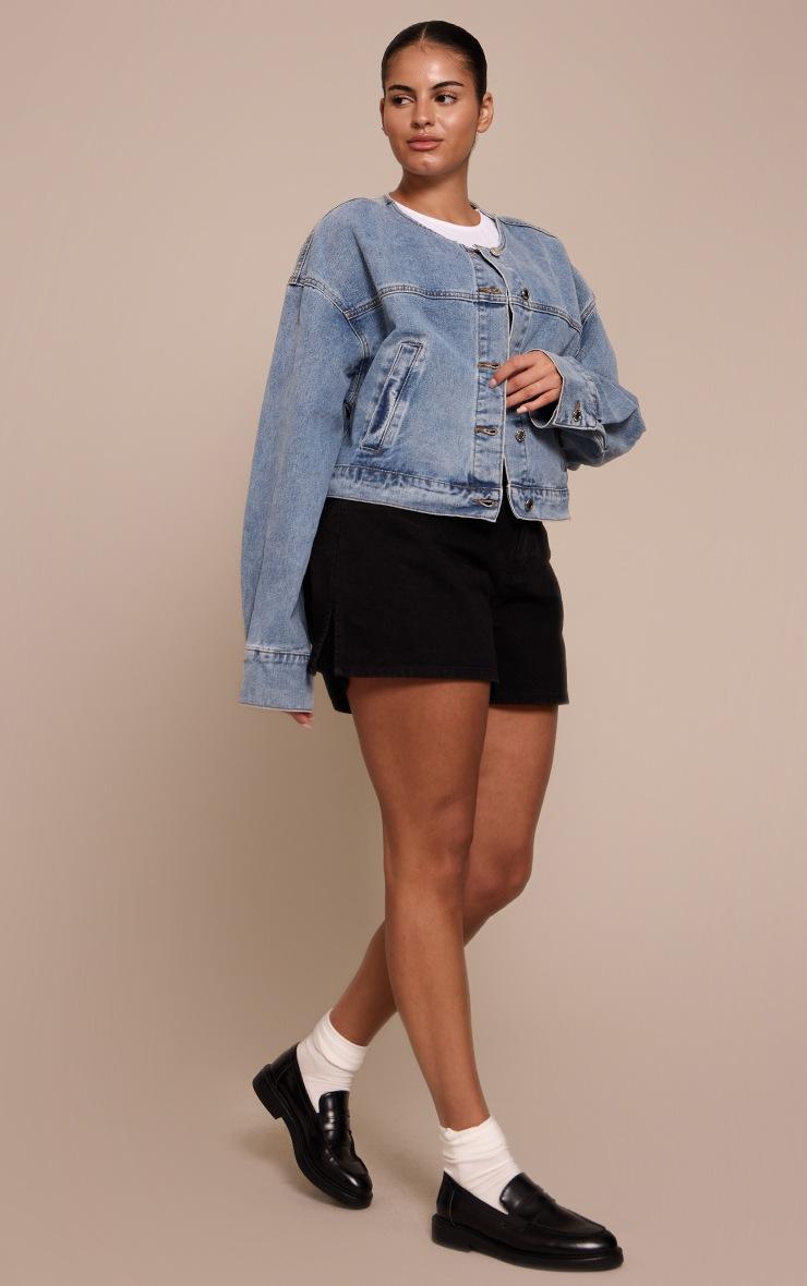 Pretty Little Thing Plus Mid Blue Wash Collarless Cropped Denim Jacket