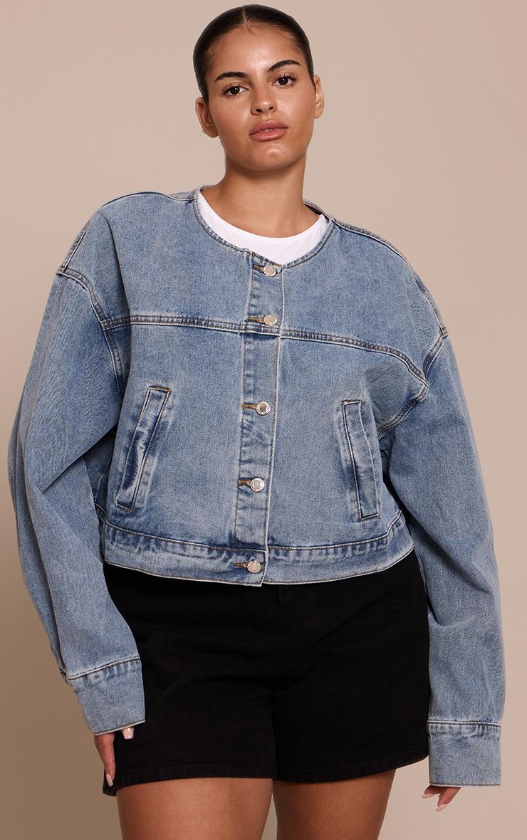 Pretty Little Thing Plus Mid Blue Wash Collarless Cropped Denim Jacket
