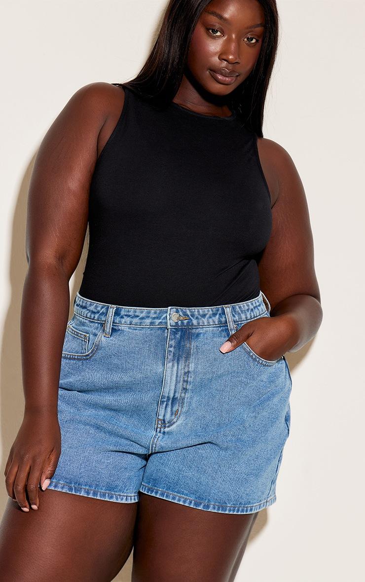 Pretty Little Thing Plus Mid Blue Wash High Waist Bermuda Denim Shorts
