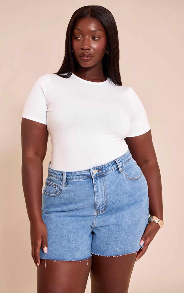 Pretty Little Thing Plus Mid Blue Wash Raw Hem Denim Hotpants