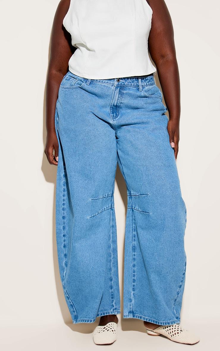 Pretty Little Thing Plus Mid Blue Wash Seam Detail Barrel Jean